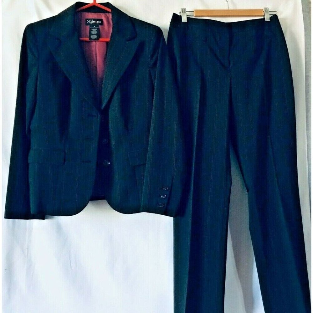 Style &Co Women Power Suit 2 Piece Pants Black Pinstripe Office Business Size 6